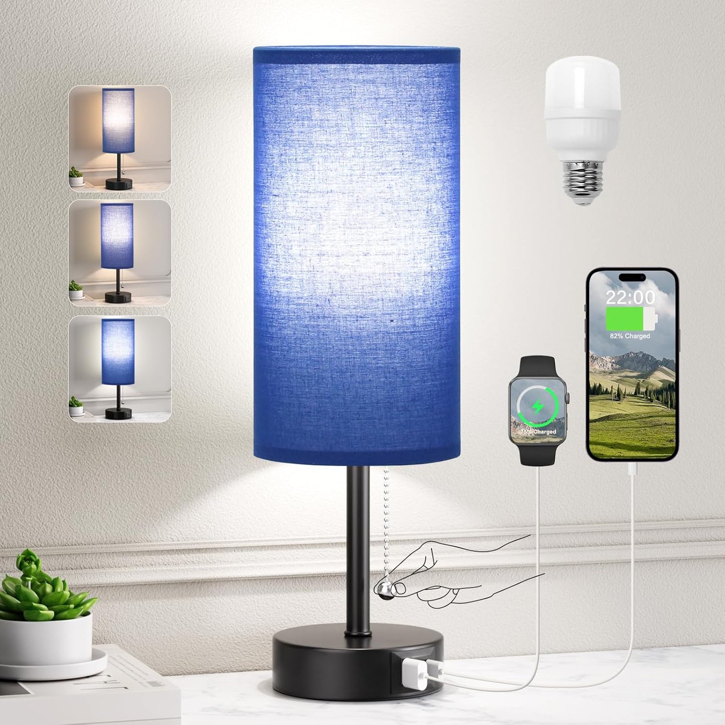 Blue Table Bedside Lamp for Bedroom Nightstand - Small Lamp with USB A + C Charging Port, 3 Color Temperatures Pull Chain Night Stand Light with Bulb, Side Table Desk Reading Lamp for Living Room