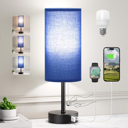 Blue Table Bedside Lamp for Bedroom Nightstand - Small Lamp with USB A + C Charging Port, 3 Color Temperatures Pull Chain Night Stand Light with Bulb, Side Table Desk Reading Lamp for Living Room