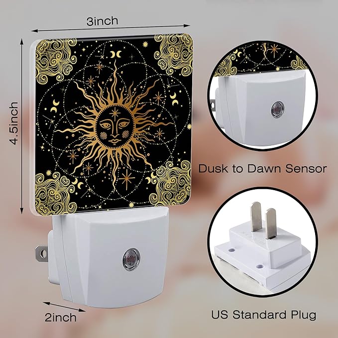 Boho Golden Sun Night Light for Kids, Mystical Astronomy and Astrology Night Light Plug in with Dusk to Dawn Sensor, 0.5w Energy Saving Sleep Friendly Nightlight for Hallway Stairway Kitchen Bedroom