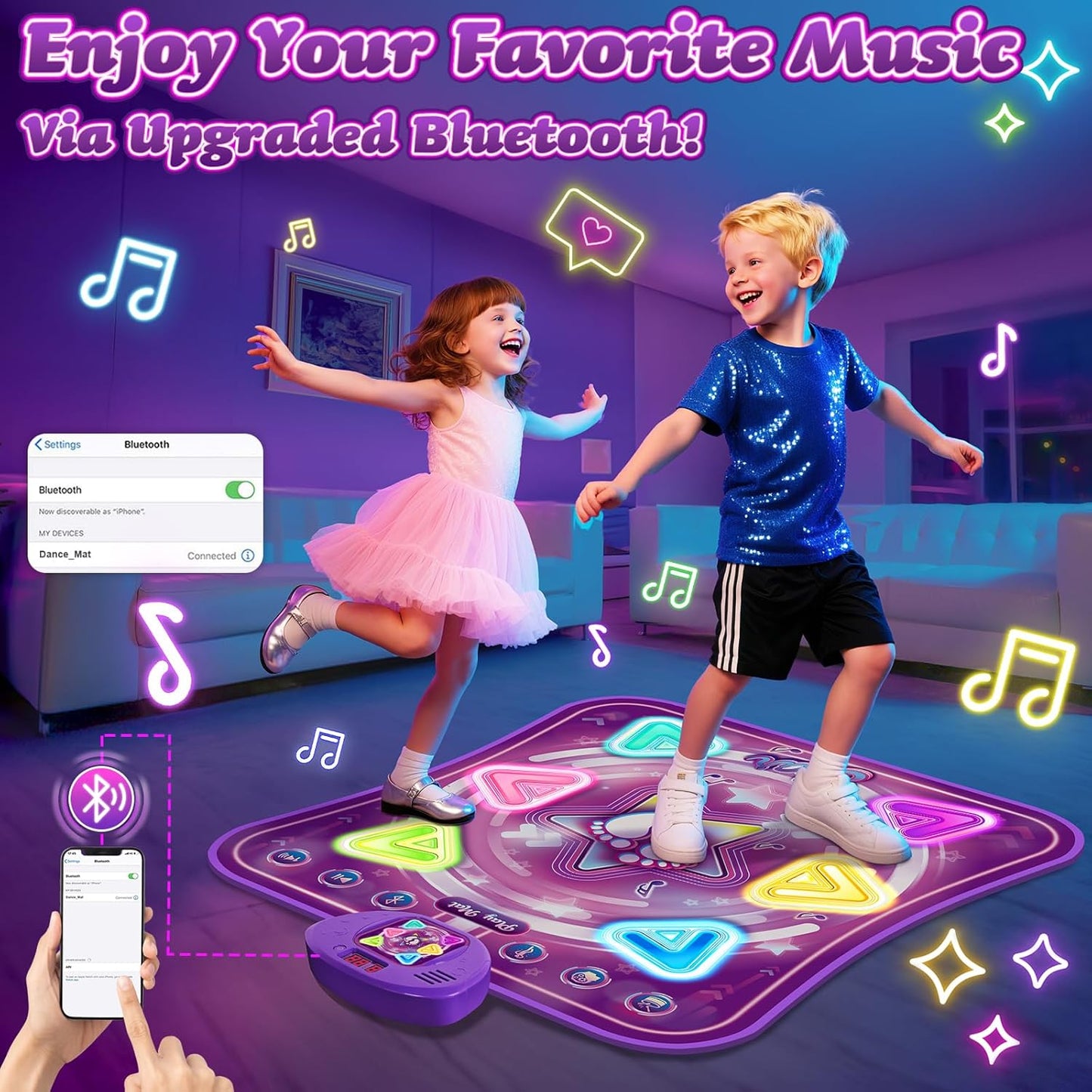 Dance Mat for Girls, Light-up 6-Button Dance Pad with Wireless Bluetooth & 5 Game Modes, Kids Electronic Dance Mats Musical Dancing Toys Christmas Birthday Gifts for Boys Girl Aged 3 4 5 6 7 8 9 10+