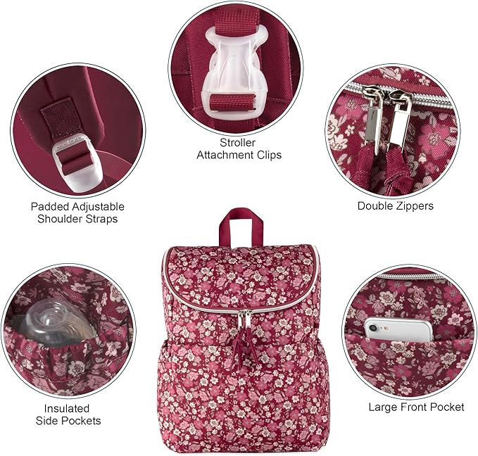 Multi-Function Floral Diaper Backpack and Travel Nappy Baby Bag with Changing Pad and Stroller Straps