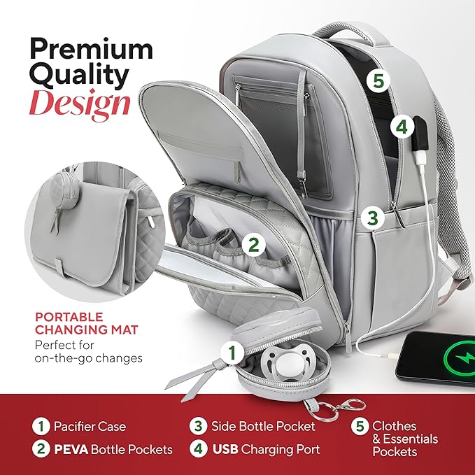Award-Winning Premium Leather Diaper Bag Backpack – Stylish, Durable, Waterproof Vegan Leather with PEVA Changing Pad & Baby Headrest, Travel-Friendly, Organized for Busy Parents