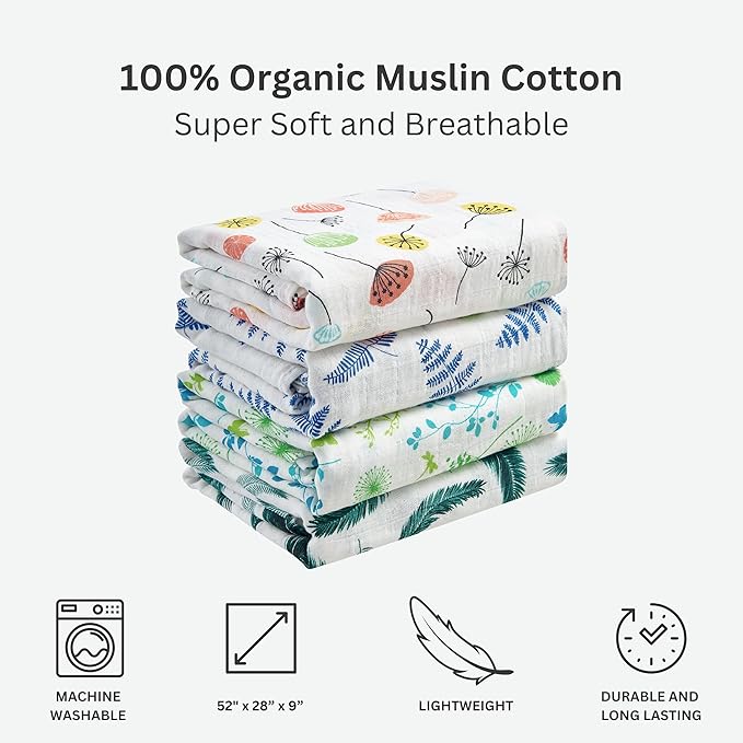 Margaux & May Organic Muslin Cotton Baby Crib Sheet, Blue Fern Print, Fitted, Breathable, Toddler Bedding, 52 x 28, Deep Pocket, Organic Crib Sheets for Cozy Sleep