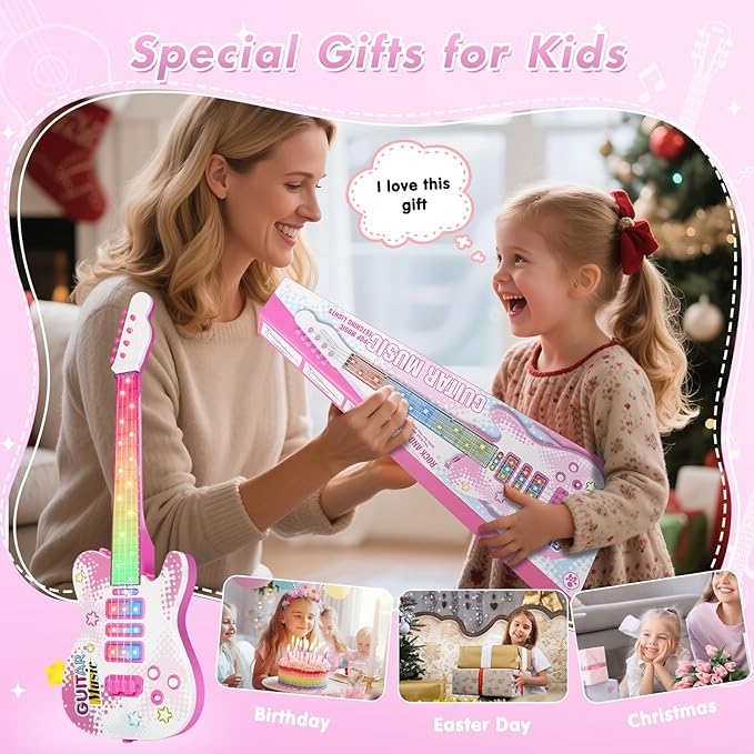 Kids Pink Guitar Toy for 3 Year Old Girls Birthday Gift Toddler Toy Ages 2-4 Electric Guitars with 4 Strings Light Up Music Toys for 3 4 5 Year Old Boys Girls Gifts