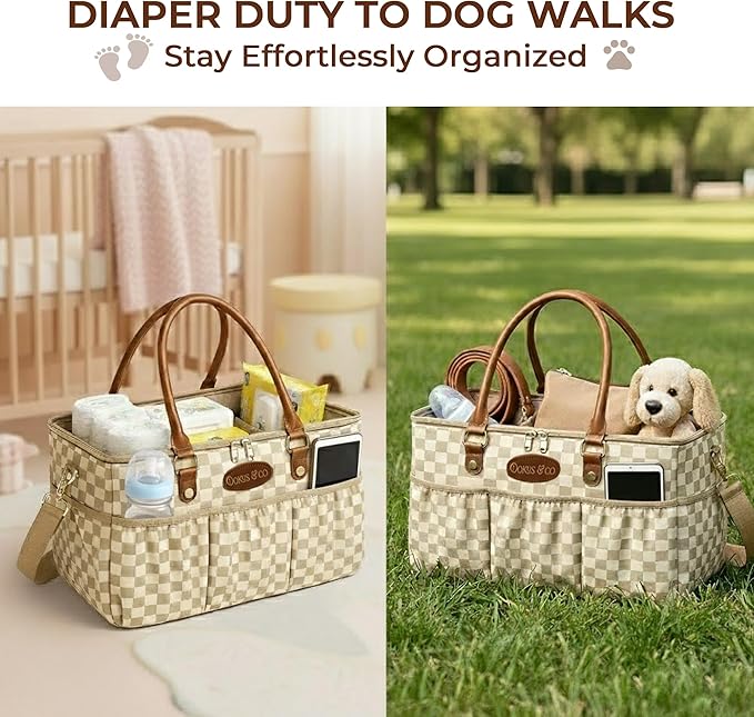 DOKUS & CO Luxe Diaper Tote, Extra-Large Collapsible Baby Caddy for Home, Travel & Car, Giftable Hospital-Ready Diaper Bag