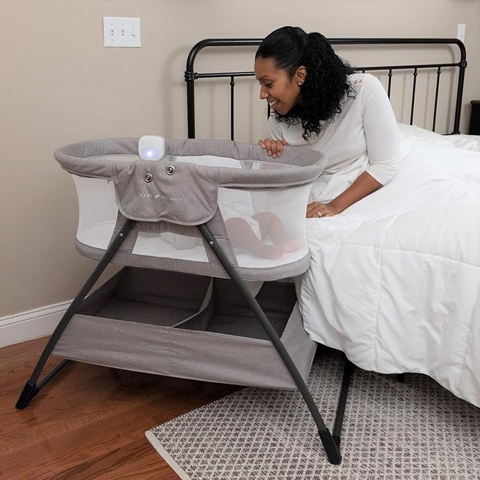 Baby Delight Beside Me Doze Deluxe Baby Bassinet, Bedside Sleeper, Foldable, Removeable Canopy, Pebble Grey
