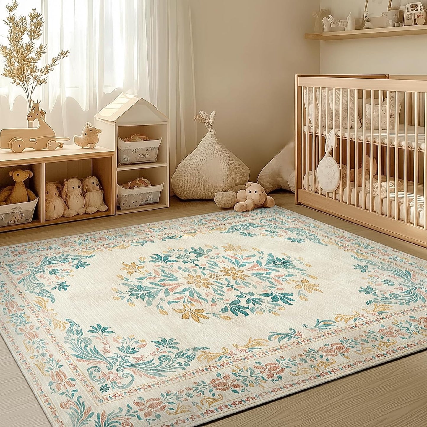 jinchan Floral 5x7 Area Rugs for Nursery - Machine Washable Vintage Distressed Design Soft Ultra-Thin Low-Pile Non-Slip Kids Carpet for Bedroom Living Room Dining Room Home Office (5x7ft,Apricot)
