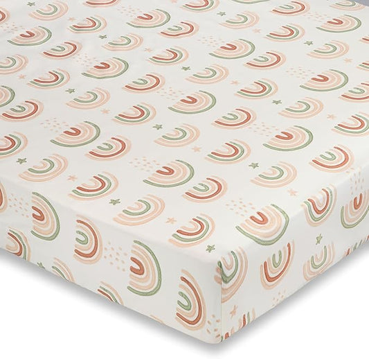 Crane Baby 100% Cotton Breathable Fitted Baby and Toddler Sheet for Standard Mattress (28 X 52), Machine Washable Crib Boho Rainbow Boho Rainbow