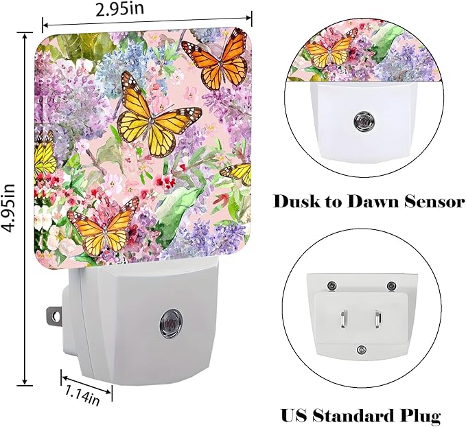 Spring Flowers and Butterflies Night Light,Plug Into Wall Decor for Stairway,Hallway,Kitchen,Dusk to Dawn Sensor Nightlights for Boys/Girls/Women/Men Room Gifts