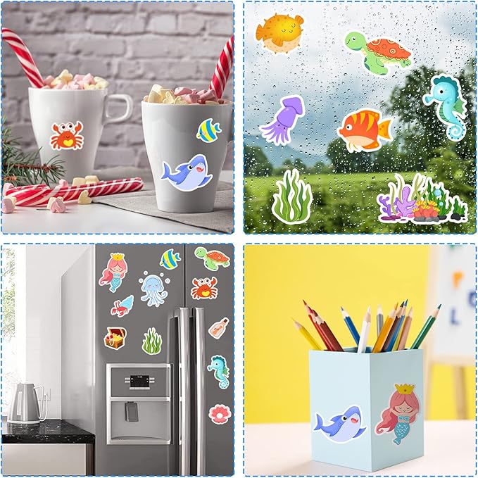Sea Animals Gel Clings for Kids, 21PCS Thick Vinyl Decals, Cartoon Animal Stickers for Classroom, Home, Nursery, Airplane Birthday Party Supplies, Reusable, Water Resistant, Indoor Usage
