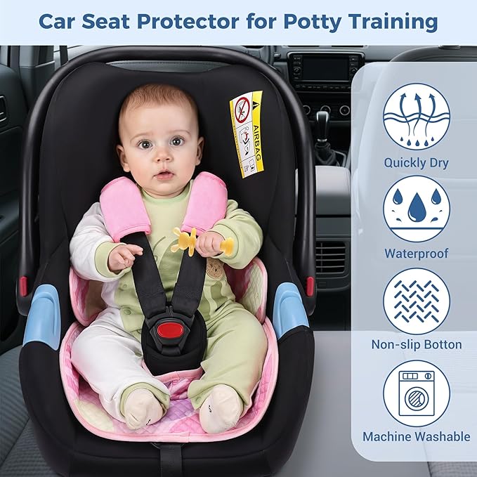 COOLBEBE Piddle Pads Car Seat Protector for Potty Training, 2 Pack Dry Waterproof Car Seat Liner Toilet Training & Strap Covers for Baby Infant, Baby Car Seat Pad Cover for Strollers, Carseat (Pink)
