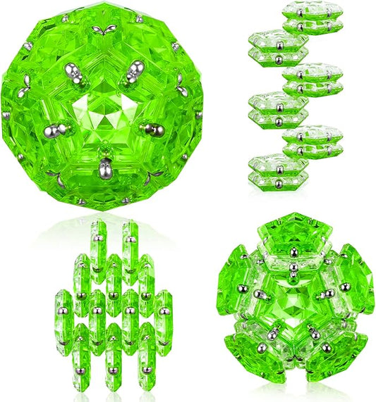 RoomyRoc Magnetic Fidget Sphere - Pentagons Magnets Balls - 12 Piece Set - Crystal Bright Green - Magnet Fidgets Toy - Creativity Beyond Imagination, Inspirational, Recreational, Desk Toys for Adults