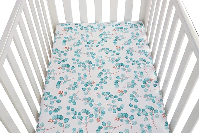 Onacosht Pack n Play Sheets 2 Pack for Baby Girl, Stretchy Jersey Knitted Playard Fitted Sheets Portable Mini Crib Mattress Cover, Watercolor Green Leaf and Plain Pink