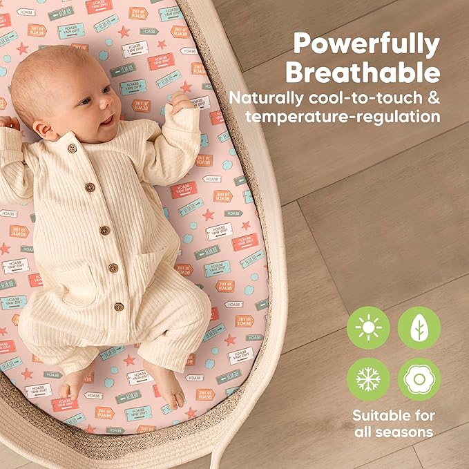 2-Pack Baby Bassinet Sheets Girl, Boy - 33x17 Viscose Derived from Bamboo Bedside Mattress Fitted Bassinet Sheets, Compatible with Halo Bassinest Swivel Sleeper, Baby Delight, Graco (Beach Day)