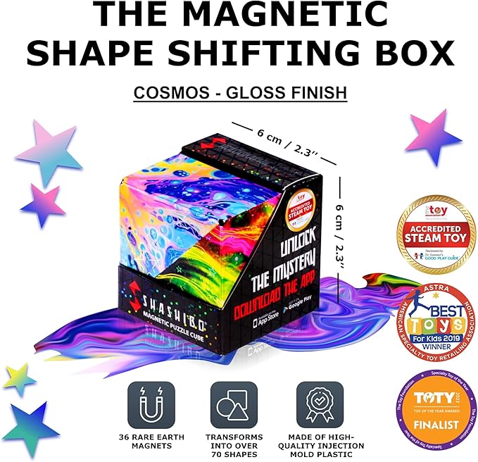 SHASHIBO Shape Shifting Box - Award-Winning Fidget Toy w/ 36 Rare Earth Magnets - Fidget Cube Transforms Into Over 70 Shapes, Sensory Toy Gift for Kids, Teens, and Adults (Cosmos)
