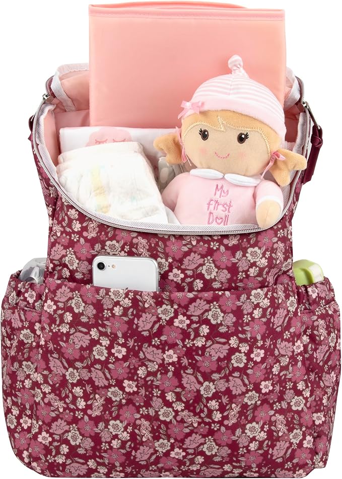 Multi-Function Floral Diaper Backpack and Travel Nappy Baby Bag with Changing Pad and Stroller Straps
