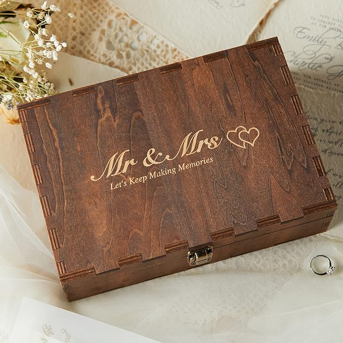AW BRIDAL Wedding Keepsake Box with Lids, Mr and Mrs Engraved Wood Memories Box for Storage, Bridal Shower Gifts for Bride, Engagement Gifts for Couples, Wedding Gift for Bride and Groom