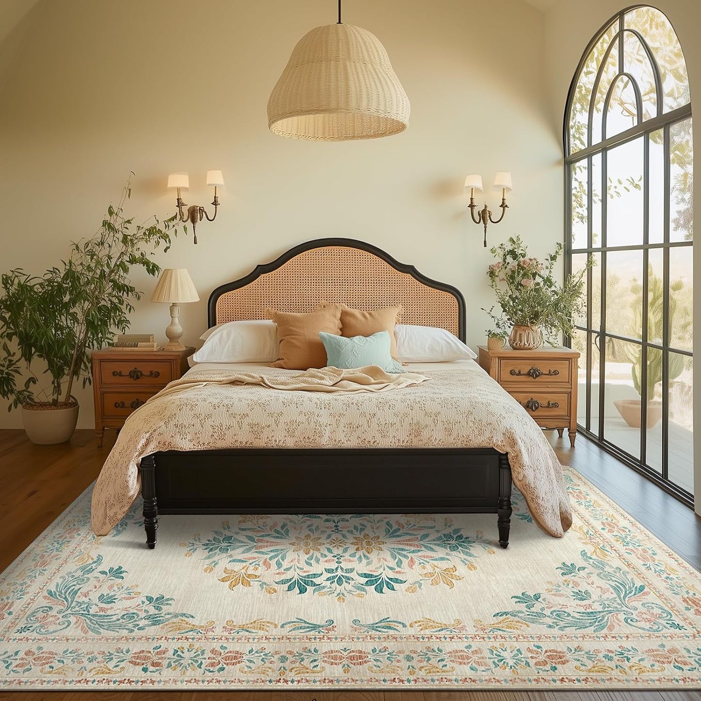 jinchan Vintage Floral 6x9 Area Rugs for Living Room - Machine Washable Distressed Design Soft Throw Rug Ultra-Thin Non-Slip Large Carpet for Bedroom Nursery Dining Room Home Office (6x9ft,Apricot)