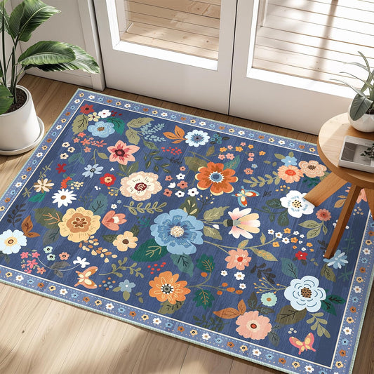Floral 2x3 Area Rug Machine Washable Soft Print Boho Carpet Non Slip Doormat Low Pile Flower Area Rugs for Living Room Bedroom Nursery Kitchen Dining Room Indoor-Blue/Grey