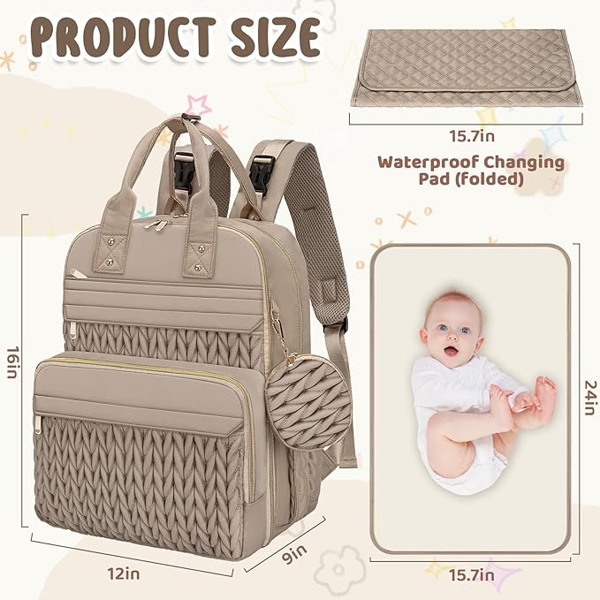 CandyHome Diaper Bag Backpack, Stylish Travel Baby Diaper Bags with Changing Pad, Insulated Pockets, Waterproof Baby Bag Converts into Tote Bag, Diaper Backpack, Stroller Bag (Khaki)