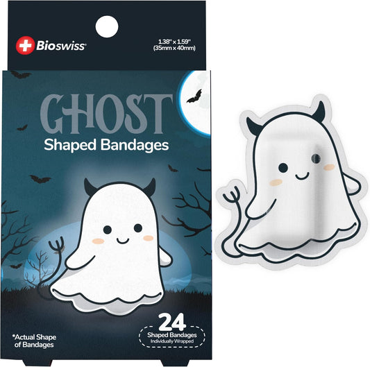 BioSwiss Bandages, Halloween Ghost Shaped Self Adhesive Bandage, Latex Free Sterile Wound Care, Fun First Aid Kit Supplies for Kids, 24 Count