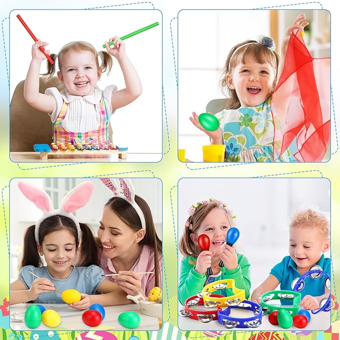 96 Pcs Musical Instruments Learning Percussion Toy Include 12 Egg Shakers 12 Sand Hammers 12 Hand Clappers 12 Rhythm Sticks 12 Hand Bells 12 Handheld Cymbals 12 Dance Scarves 12 Finger Castanets