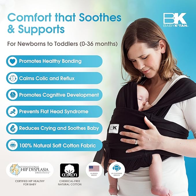 Original Baby K'tan Baby Carrier: #1 Easy Pre-Wrapped, Soft, Slip-On, No Rings, No Buckles | 5 in 1 Baby Sling Gift | The Best Hands Free Infant Wrap | Black | Medium