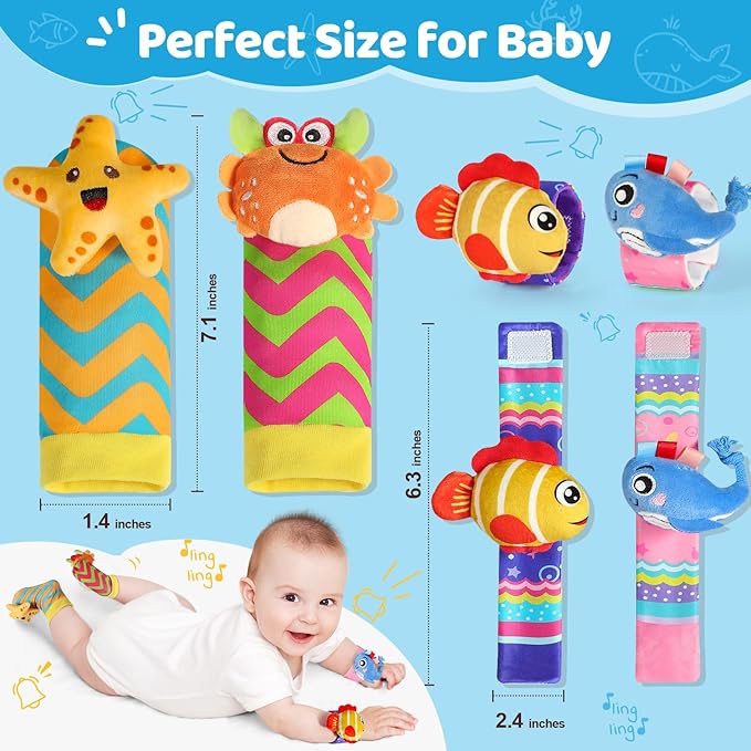 URMYWO Wrist Rattles for Baby - Rattle Socks - Foot Finder Set - Baby Toys for 0-12 Months Infant - Newborn Essentials - Early Learning Sensery Toys for Boys and Girls as Shower Gifts