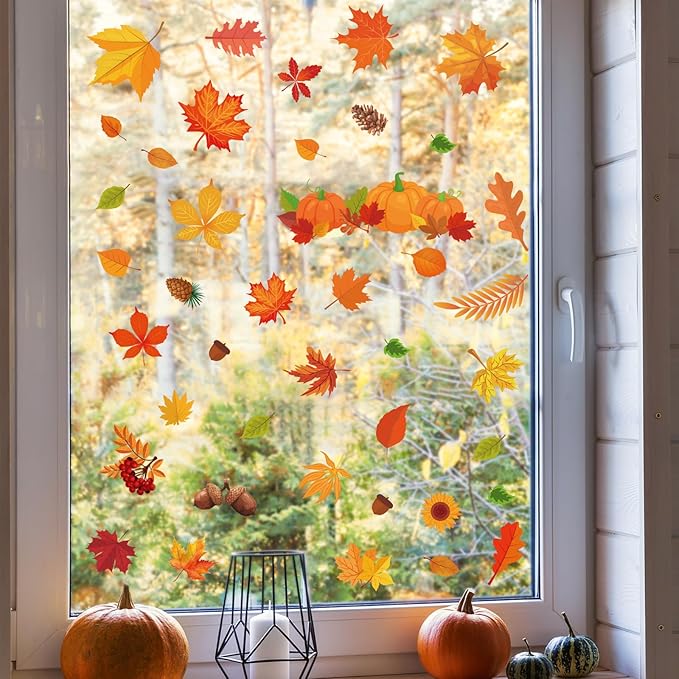 Whaline 124Pcs Fall Window Clings Colorful Maple Leaves Pumpkin Pine Reusable Window Decals for Autumn Thanksgiving Harvest Party Seasonal Holiday Home School Supplies