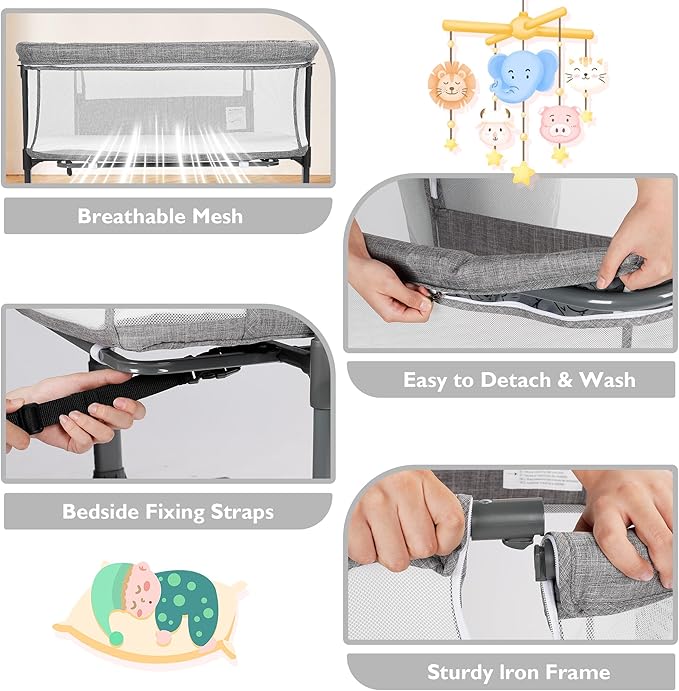 Baby Bassinet Bedside Sleeper, 2 in 1 Folding Portable Newborn Bedside Sleeper, All-Sided Mesh Infant Travel Crib for Toddlers, 6 Adjustable Height, with 4 Wheels, Grey