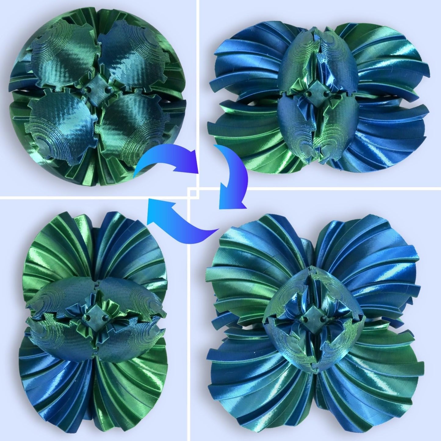 3D Printed Gear Ball, Gear Sphere Fidget Toy Stress Relif Toy for ADHD, Anxiety Relaxing Toy for Adults at Work/Study/Travel, Twisted Blue-Green