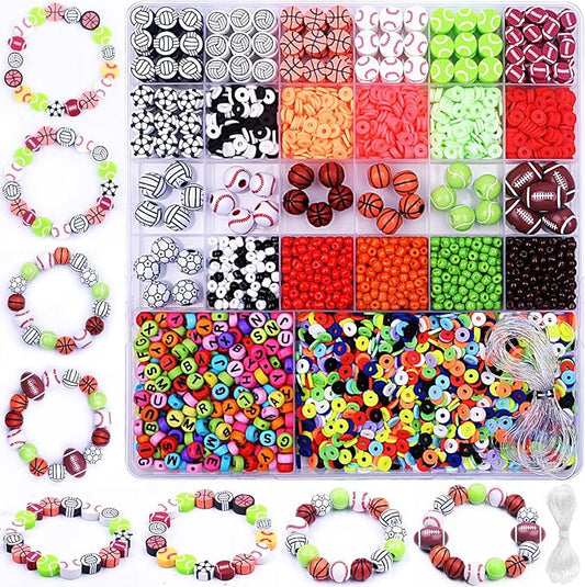 2480pcs Sports Ball Polymer Clay Beads Charms for Friendship Bracelets Making Kit Cute Fun Beads DIY Arts Crafts Birthday Gifts for Kids Girls Baseball Basketball Soccer Rugby Volleyball Football Bead