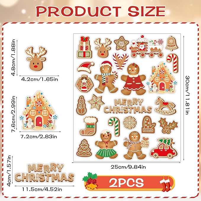 MARFOREVER 50 PCS Christmas Gel Window Clings, Reusable Gingerbread Man Theme Thick Gel Clings Stickers Decals for Christmas Kids Gift Toddlers Classroom Xmas Party Supplies Window Glass Decoration