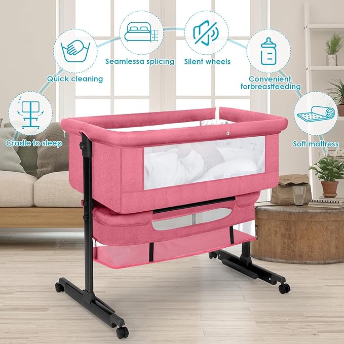 Baby Bassinet, Baby Basinet Bedside Sleeper, Easy to Fold Portable Crib Side Bassinet 2025new Style Girl/boy bassinets (Pink)