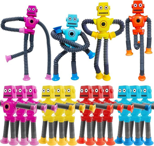 16 PCS Suction Cup Robot Toy,Shape Changing Telescopic Pop Tubes Autism Sensory Toy Kids Girls Boys Toddlers Adult,Funny Robot Action Figure Bendable Fidget Toy Gift Birthday Party Favors Christmas