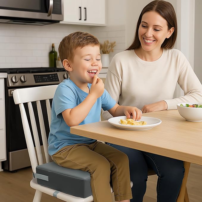 Booster Seat for Dining Table, PU Anti-Scratch Easy Cleaning Kids Toddler Booster Seat for Table, Portable Increasing Booster Cushion with Non-Slip Bottom and Adjustable Elasticity Straps