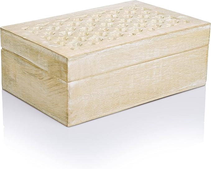 Mela Artisans Wooden Keepsake Box | Whitewash Mango Wood Memory & Photo Storage Box with Hinged Lid | Decorative Storage Box | Large | 9x6x3.5 Inch