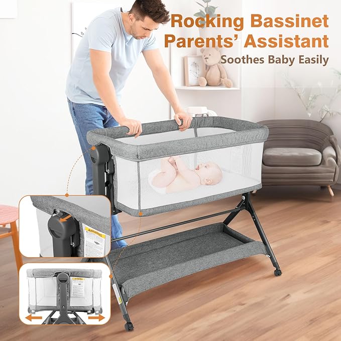 Baby Bassinet Bedside Sleeper, Baby Crib for Infant, 6-Height Adjustable, Rocking Mode with Breathable Mesh & Mattress, Quiet Wheels & Easy Assembly, Stable and Secure Crib for Newborn, Grey
