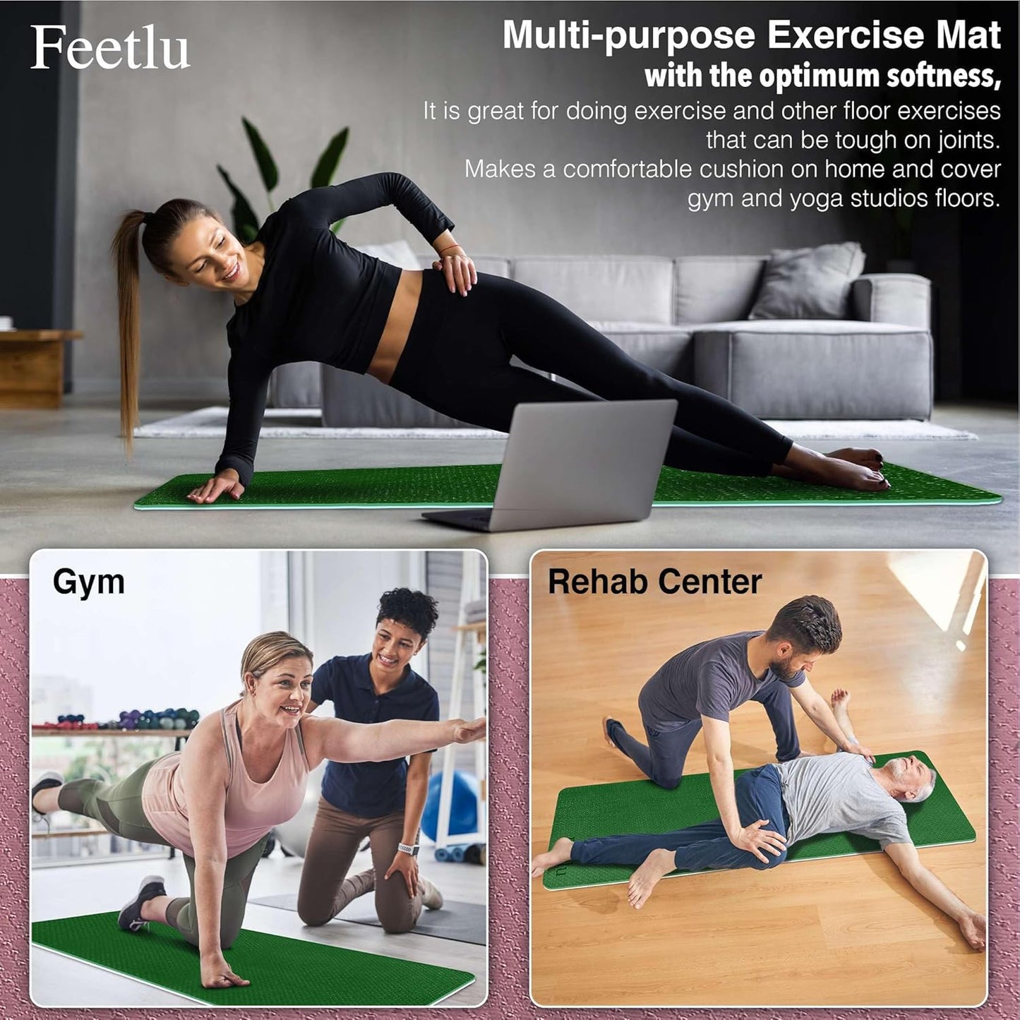 Extra Thick Exercise Yoga Mat with Strap - 2/5 Inch (10MM), Non-Slip Workout Mat for Yoga, Pilates, and Floor Exercises