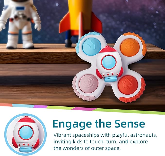 LiKee Strong Suction Cup Fidget Rotating Sensory Bath Toys for Baby 12 18 Months Airplane Car Travel Table & Window Toys for 1 2 Years Old Toddler Boys and Girls (Space-1)