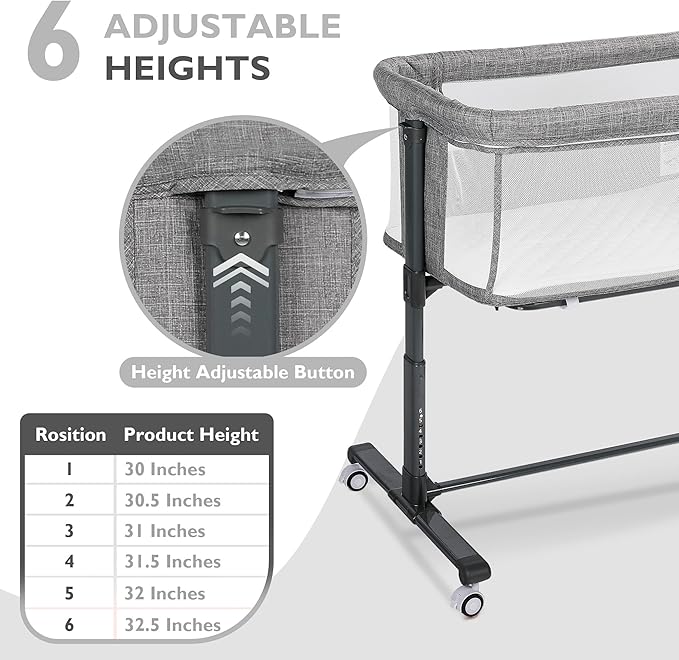 Baby Bassinet Bedside Sleeper, 2 in 1 Folding Portable Newborn Bedside Sleeper, All-Sided Mesh Infant Travel Crib for Toddlers, 6 Adjustable Height, with 4 Wheels, Grey