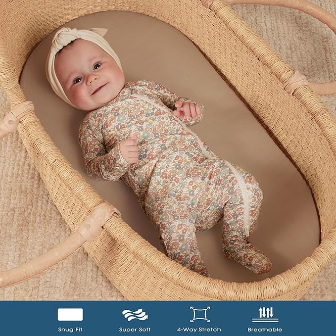 GRSSDER Stretchy Ultra Soft Fitted Bassinet Sheet 2 Pack, Universal Fit for Bassinets Baby Cradle Moses Basket Oval Rectangle Mattress Safe and Snug, Jersey Bassinet Sheets for Baby, Tan & Brown