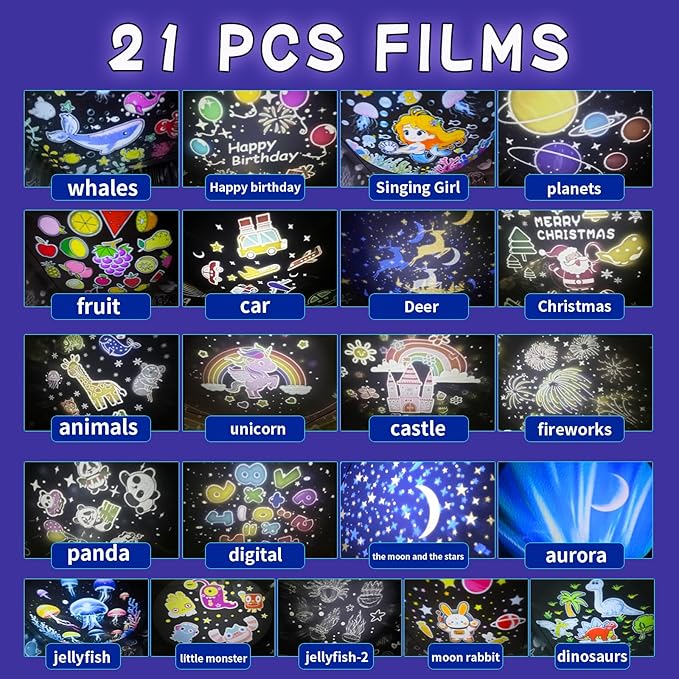 21 Sets of Films Ocean Night Light Projector, Kids Projector for Bedroom，Stars Projector for Ceiling, 360 Degree Rotation Jellyfish Kids Night Light for Decorating Birthdays,Christmas Gifts