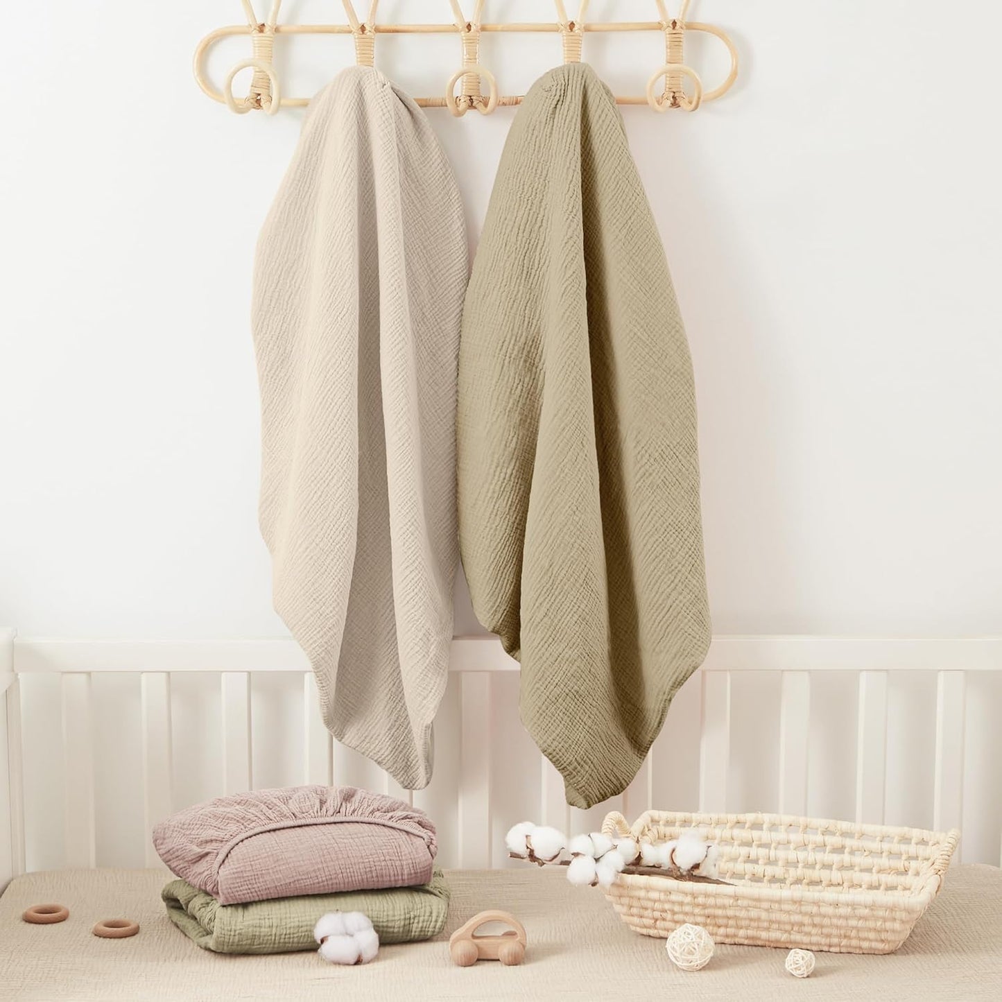 Bearmoss Muslin Crib Sheets 100% Cotton Baby Crib Sheets Fitted for Standard Crib Mattress & Toddler Bed Mattress 52"x28" Soft Breathable Crib Sheet Neutral for Boys Girls - 2 Pack (Oat Latte)