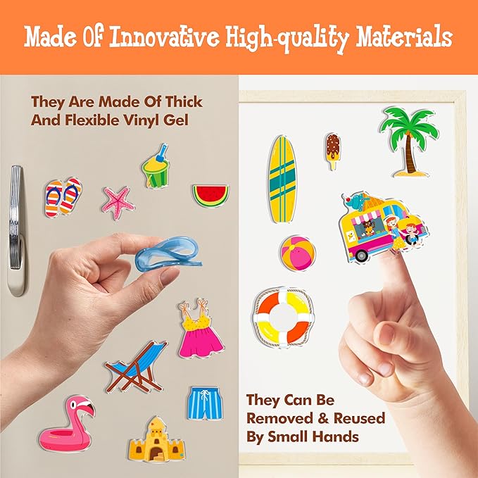 40PCS Reusable Jelly Stickers, Waterproof Summer Beach Window Cling Stickers for Toddlers, Removable Easy to Clean Gel Decals for Kids, Adults, Home & Classroom Decors, Travel Toy (Not Edible)