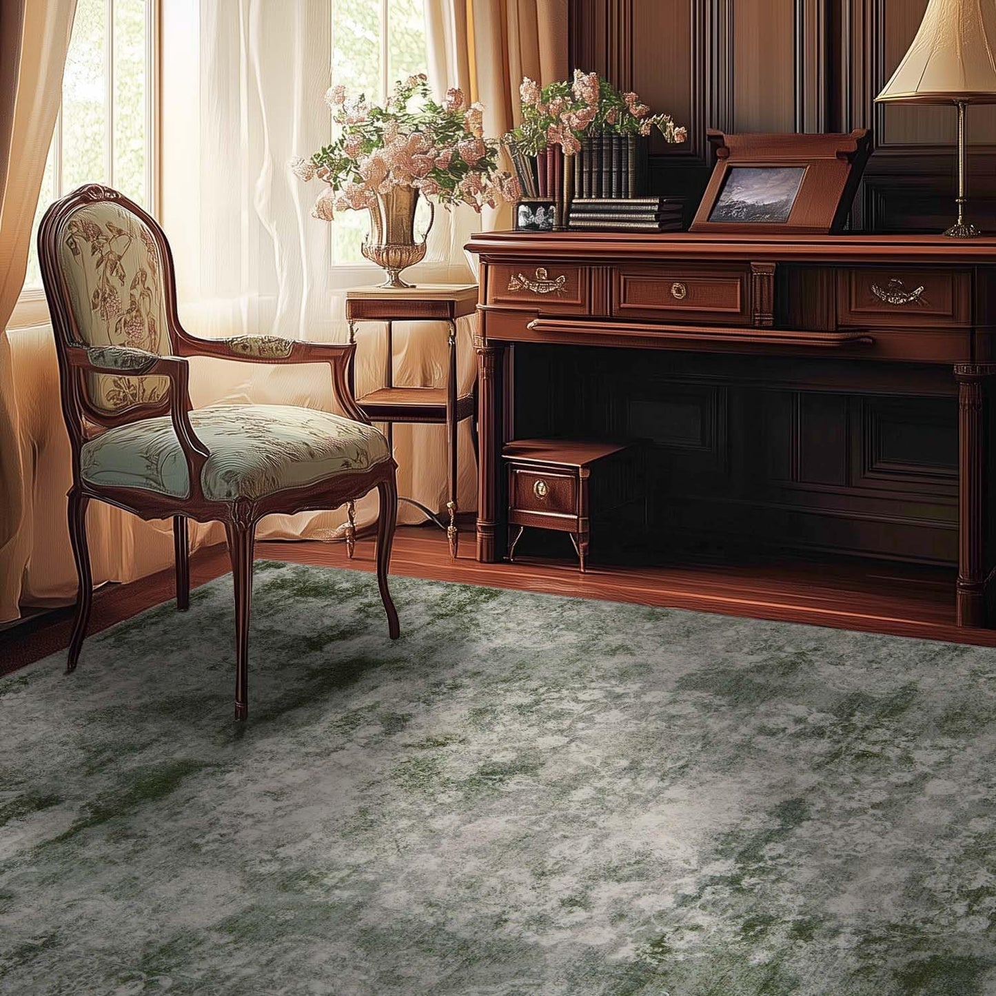 jinchan Washable Area Rug 6x9 for Living Room - Soft Faux Wool Ultra-Thin Stain Resistant Non-Slip Distressed Vintage Floral Rug Large Carpet for Bedroom,Dining Room,Home Office,Nursery(Green, 6'x9')