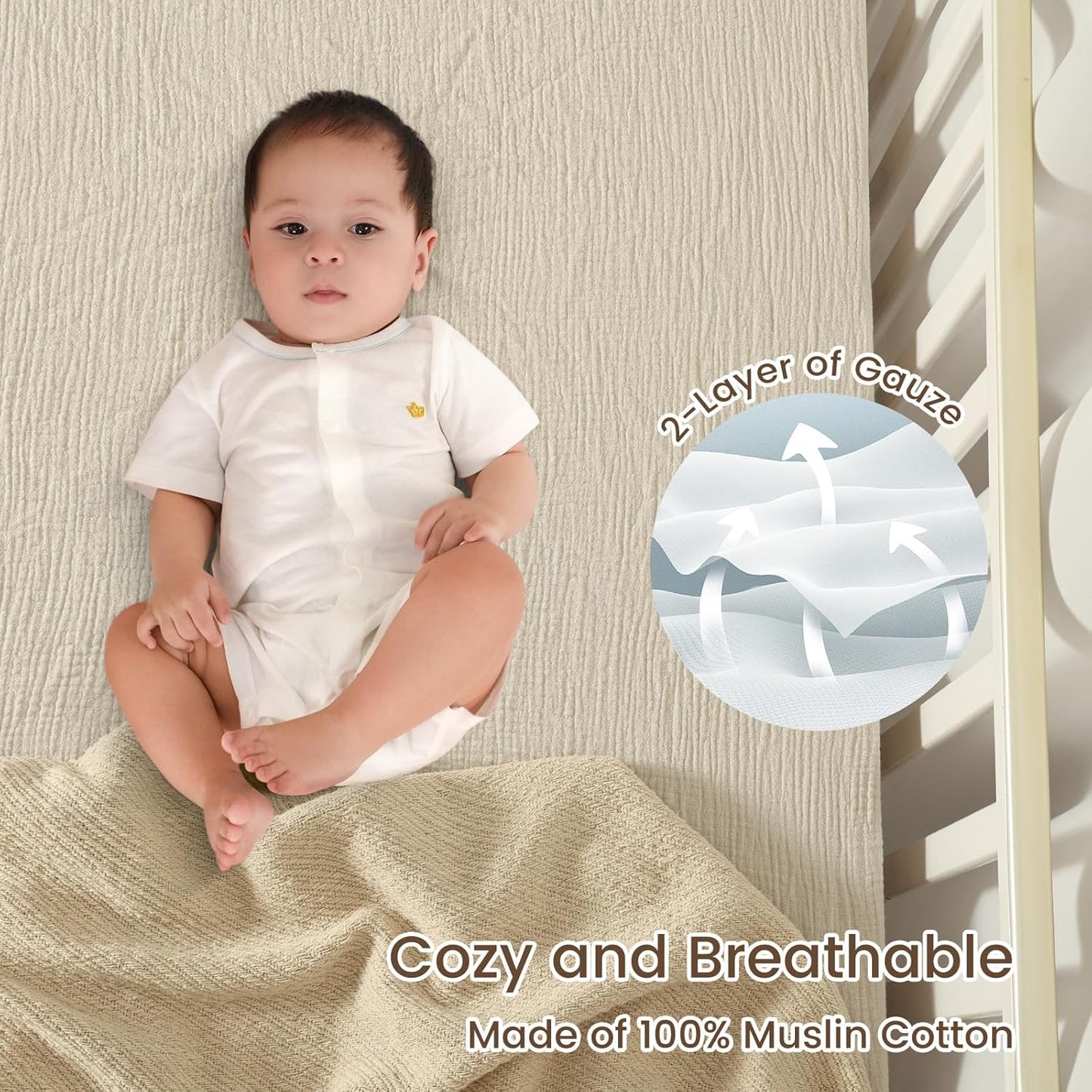 david's kids Muslin Crib Sheets for Boys Girls, 2 Pack 100% Cotton Soft Breathable Fitted Baby Sheet Set, 28x52 Inch Fits Standard Crib and Toddler Mattresses, Oat Milk & Light Gray