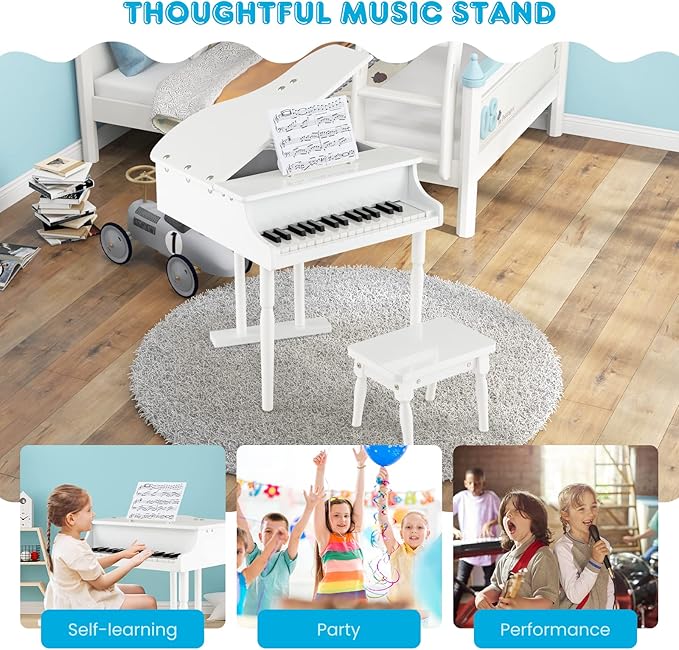 HONEY JOY Classical Kids Piano, 30-Key Mini Grand Piano with Music Stand and Bench, Wooden Musical Instrument Toy w/Lid & Music Rack, Gift for Boys Girls Ages 3+ (3 Straight Leg-White)