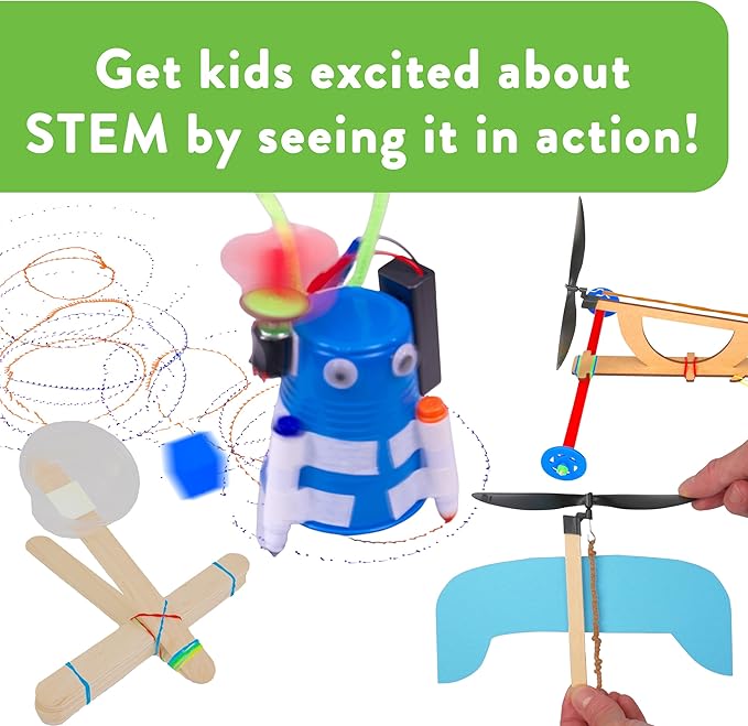 STEM Kit 4-Pack – Rubber Band Helicopter, Motorized Scribble Bot, Catapult, Propeller Car – STEM Kit for Kids Ages 8-12, Homeschool, Classroom Projects