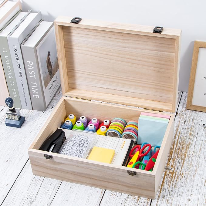 Wooden Storage Box Container with Hinged Lid and Front Clasp, 12.2''x8.6''x4.7'' Large Wooden Box, Wood Boxes Wood Gift Boxes for Crafts Art Hobbies and Valentine's Day Decoration